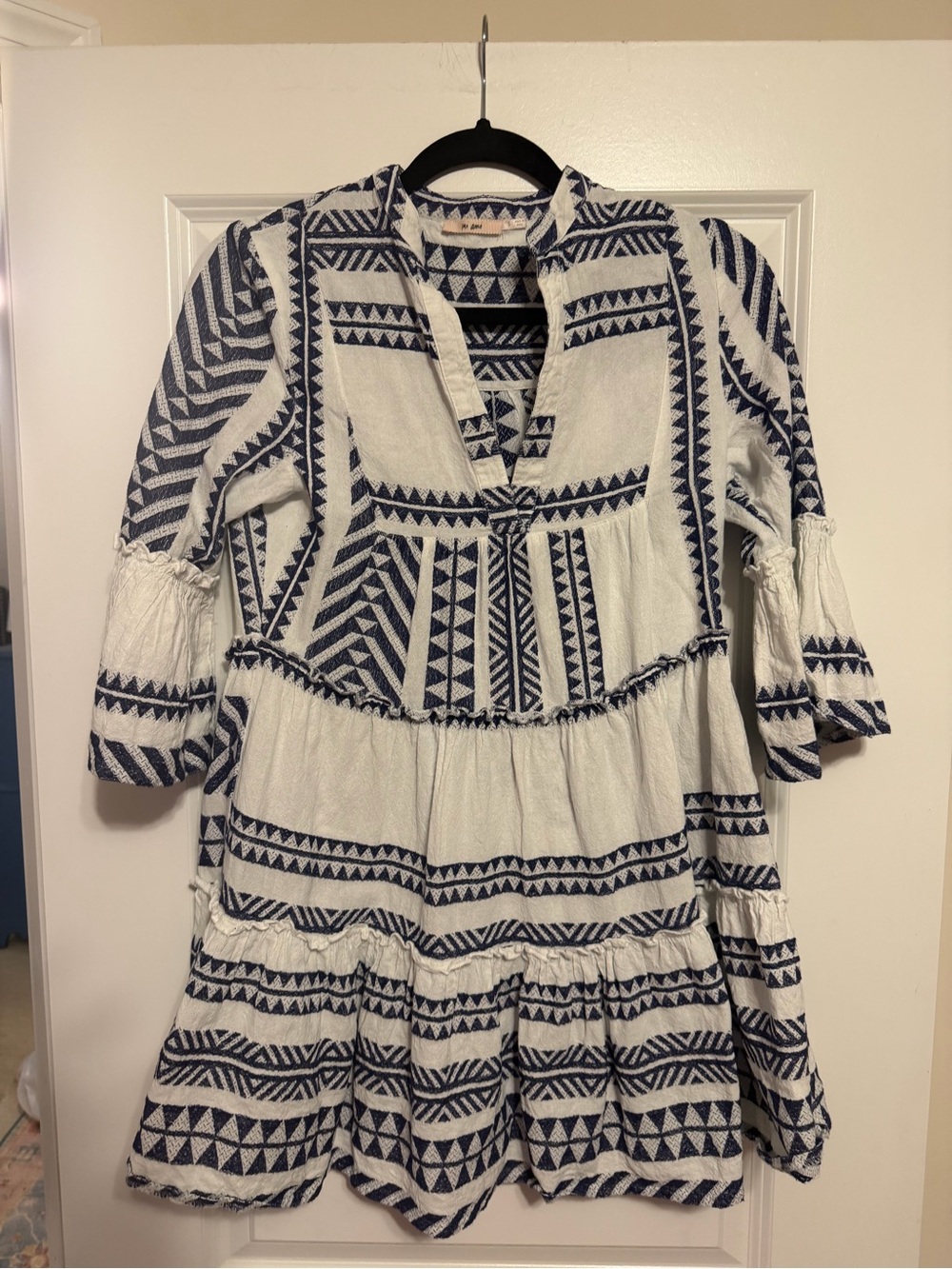 miami White and Navy Aztec-Print tiered Mini Dress cotton boho 4th of July